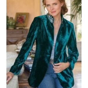 Soft Surroundings Starlet Teal Velvet Jeweled Collar Blazer Jacket Small